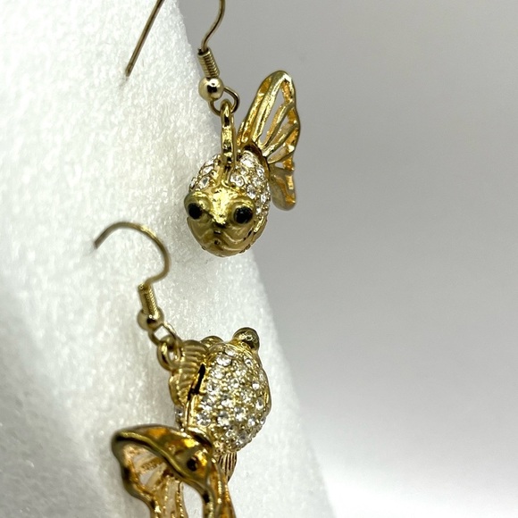 Gold Tone Crystal Fish Earrings with Whimsical Design 3 D Hook Earrings - Picture 9 of 10